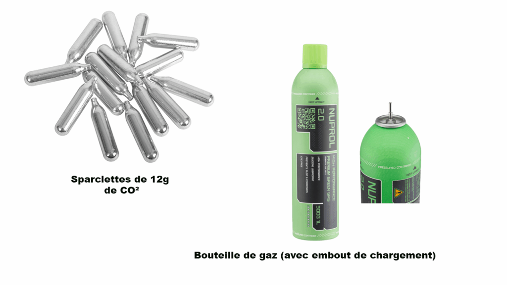 Comparaison entre des sparclettes de CO2 12g et une bouteille de gaz airsoft avec embout de remplissage.