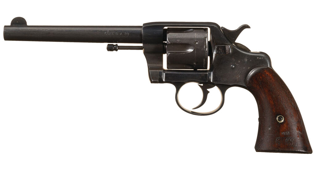 Colt M1892 revolver militaire calibre .38 Long Colt, vue latérale sur fond blanc.
