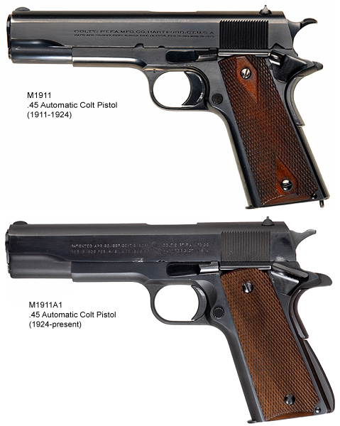 Comparaison entre un pistolet Colt M1911 de 1911 et un Colt M1911A1 de 1924, côte à côte.