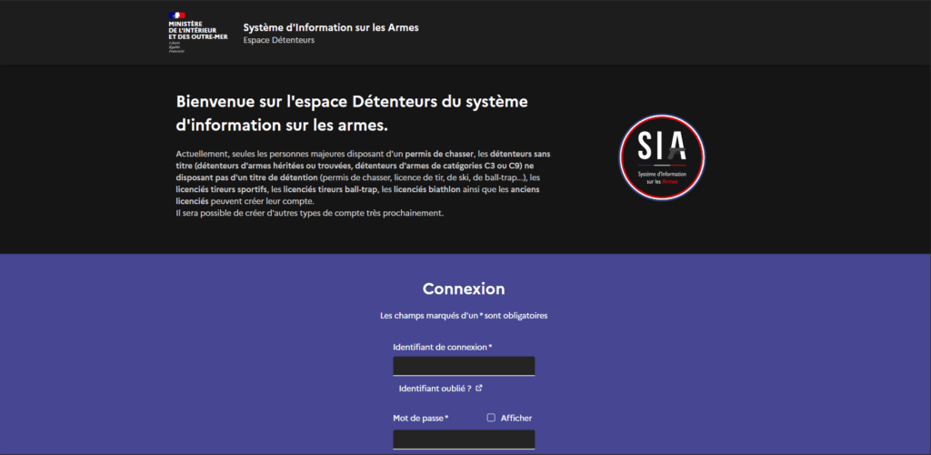 Écran de connexion du portail SIA – Système d’Information sur les Armes pour les licenciés et détenteurs.