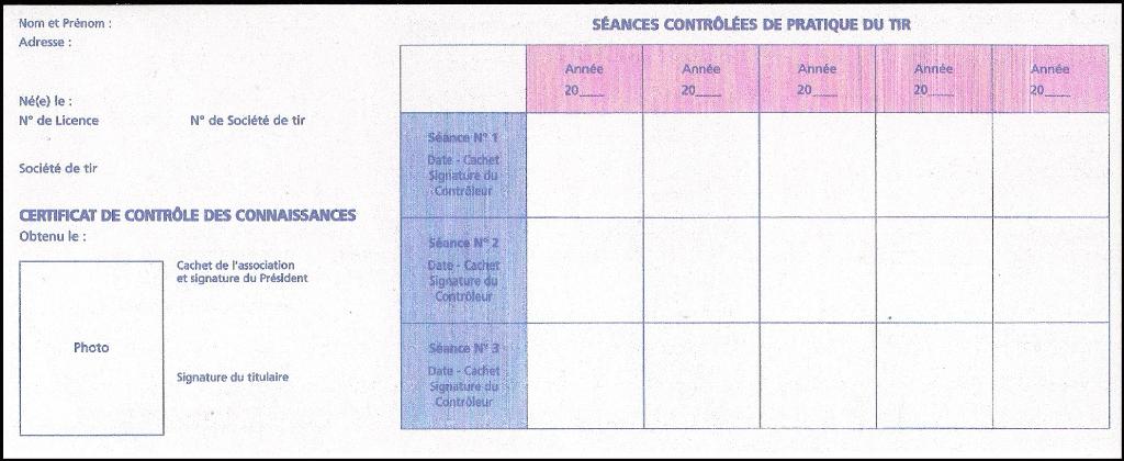 Carnet de tir FFTir avec espaces dédiés aux séances contrôlées, signatures et cachets du club de tir.