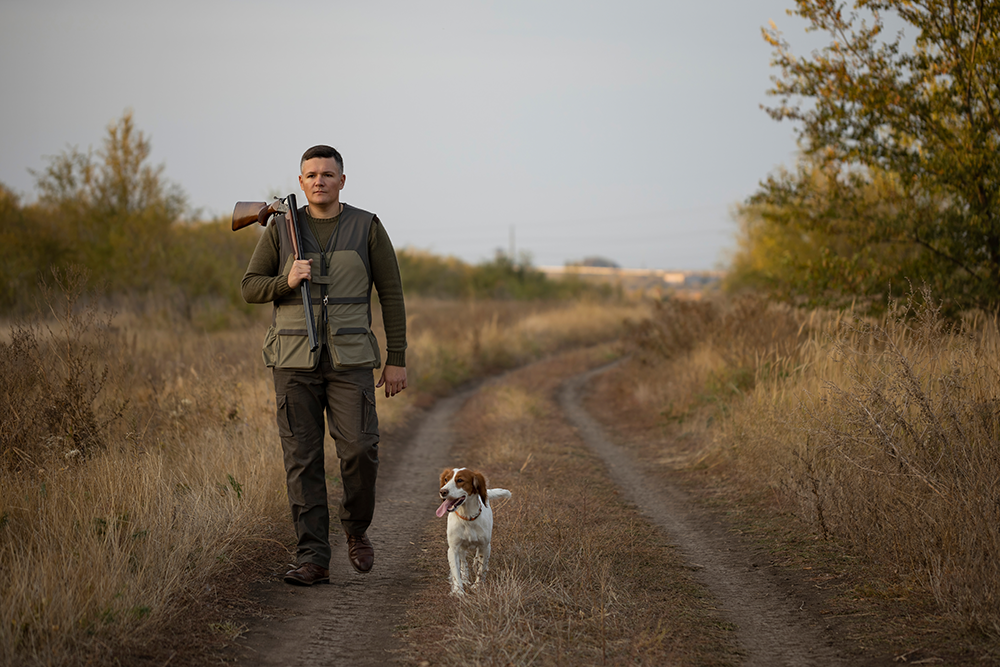Chasseur marchant en pleine nature avec un fusil cassé sur l’épaule et son chien d’arrêt à ses côtés.