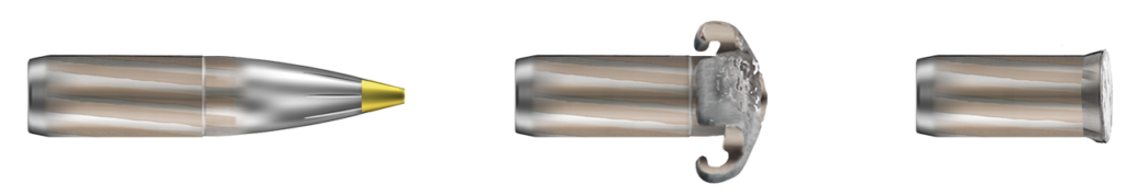 Séquence de la balle RWS Evolution Green sans plomb montrant sa pointe Speed Tip, son expansion rapide grâce au noyau avant préfragmenté et sa déformation contrôlée.