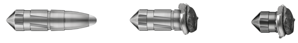 Séquence de la balle RWS UNI Classic montrant sa trajectoire, son expansion contrôlée et sa pénétration profonde grâce à son noyau arrière renforcé.