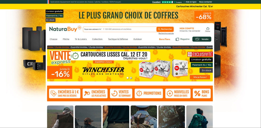 Page d’accueil du site NaturaBuy, marketplace dédiée à la chasse et au tir.
