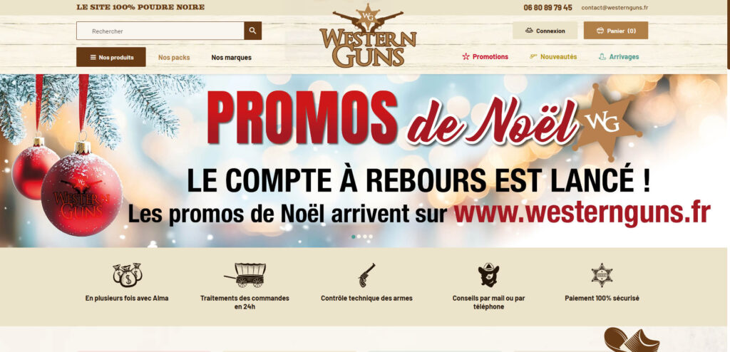 Page d’accueil du site Western Guns, armurerie spécialisée dans la poudre noire.