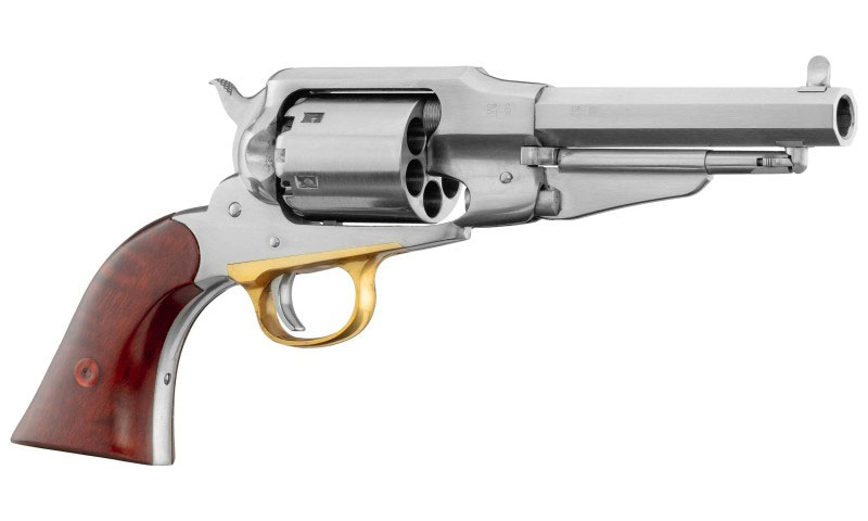 Réplique Uberti du revolver Remington 1858 New Army inox calibre .44 avec canon court type Sheriff, présentée sur fond blanc.
