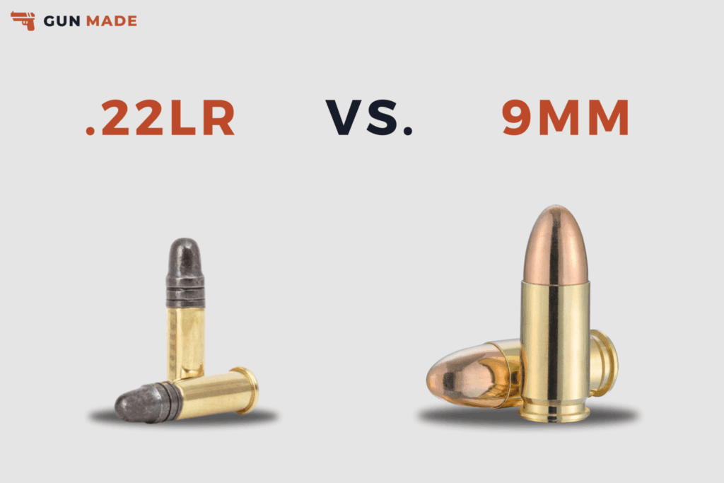 Comparative image showing two types of ammunition: .22 Long Rifle on the left and 9 mm Luger on the right, highlighting size and shape differences.