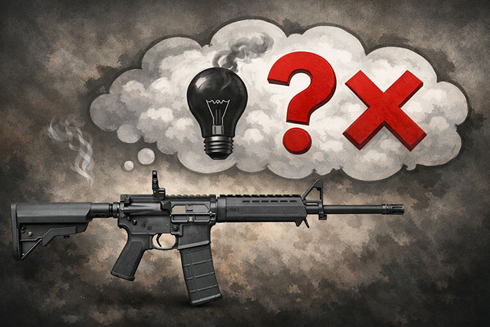 Fusil semi-automatique moderne avec une bulle de pensée illustrant un point d'interrogation et une croix rouge, symbolisant les idées reçues sur les armes à feu.