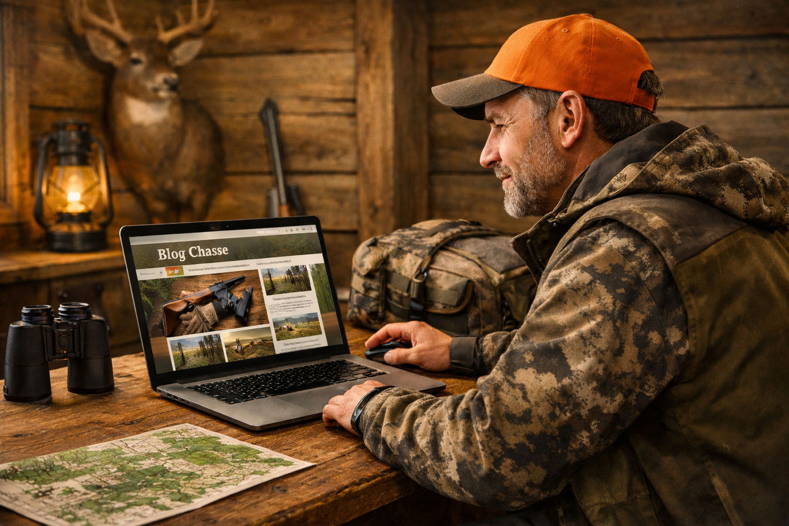 Chasseur en tenue camouflage consultant un blog chasse sur son ordinateur portable, avec jumelles et carte sur la table dans une cabane en bois rustique.