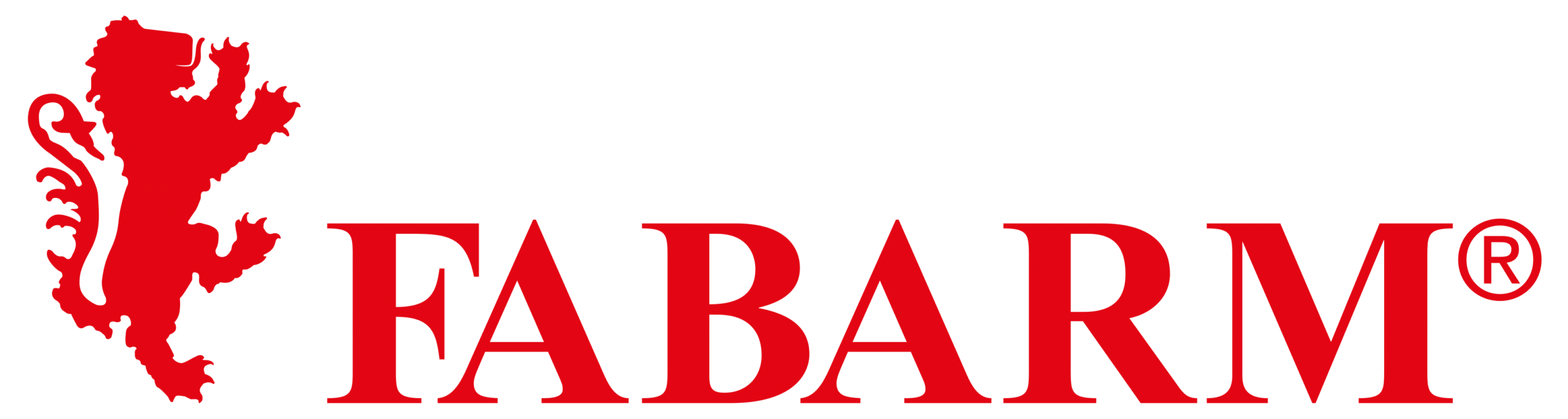 Logo de la marque Fabarm avec le lion stylisé en rouge à gauche et le nom FABARM en lettres capitales rouges à droite, sur fond blanc, représentant l'identité visuelle de la marque italienne de fusils.