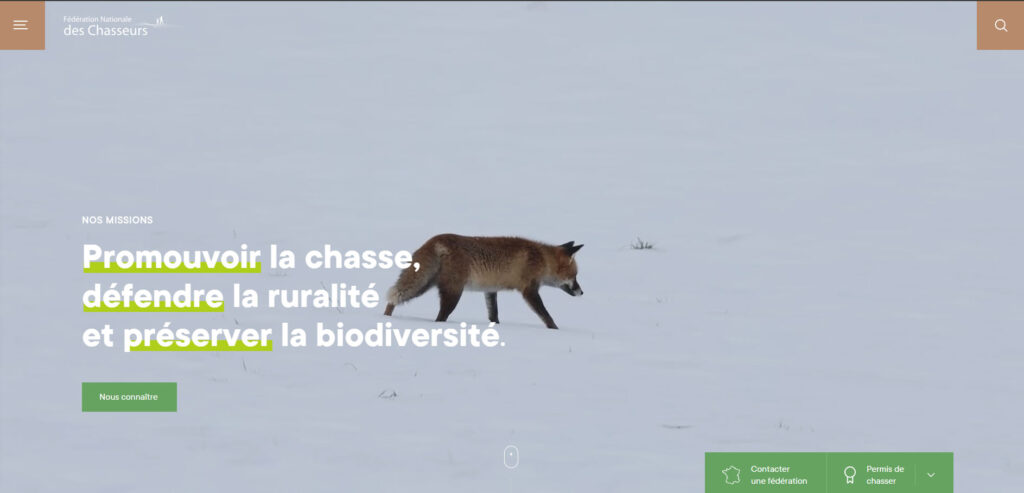 Renard marchant dans la neige sur la page dâaccueil de la FĂ©dĂ©ration Nationale des Chasseurs, illustrant la prĂ©servation de la biodiversitĂ© et la ruralitĂ©.