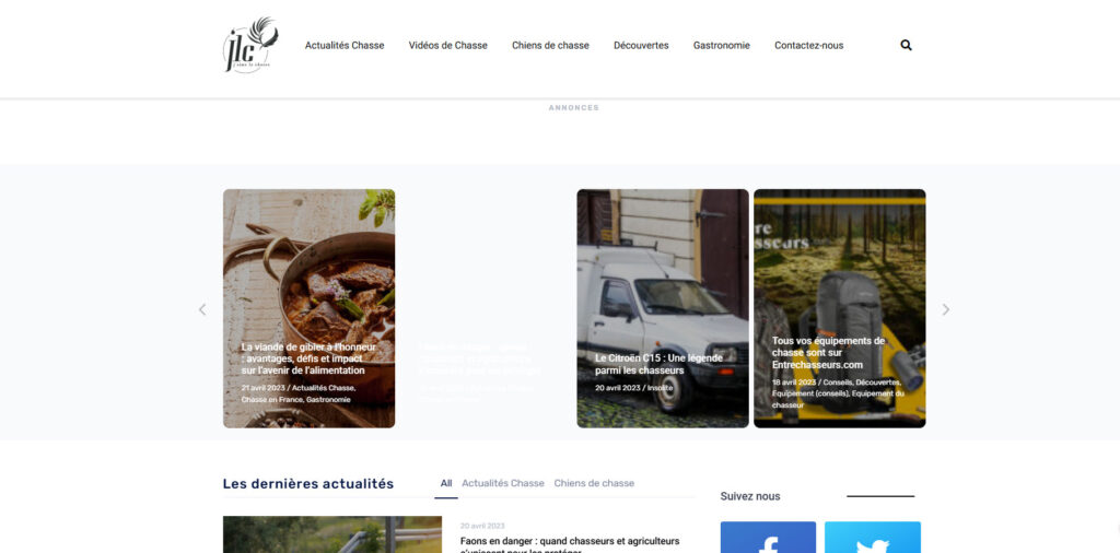 Page dâaccueil du site Jâaime la Chasse montrant articles rĂ©cents sur le gibier, lâĂ©quipement et la gastronomie liĂ©e Ă la chasse.