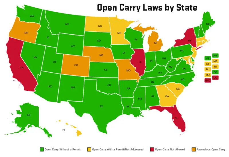Map of the United States showing open carry laws by state, color-coded to indicate permissive, licensed, anomalous, and non-permissive open carry regulations.