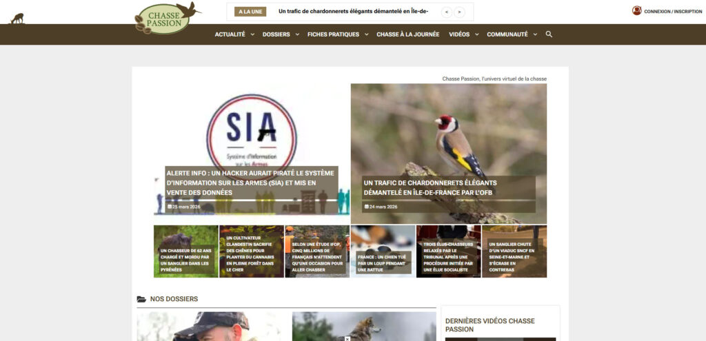 Capture d’écran de la page d’accueil du blog Chasse Passion, montrant les articles récents, les dossiers cynégétiques et la mise en avant des actualités de la chasse en France.