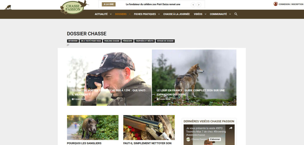 Capture dâĂ©cran du blog Chasse Passion montrant des articles sur le tĂ©lĂ©mĂštre, le loup en France et des sangliers, avec visuel dâarmes et Ă©quipements de chasse.