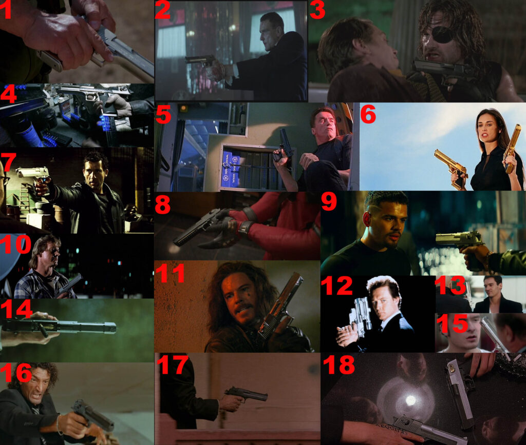 Montage de scènes de films célèbres montrant le Desert Eagle : Commando, Snatch, Los Angeles 2013, Underworld, L'effaceur, Charlie's Angels, Shoot'em Up, Deadpool et Wolverine, Bad Boys for Life, Invasion Los Angeles, 48 heures de plus, Zero Tolerance, From Paris with Love, Matrix, Lost Highway, San Antonio, Desperado, Les anges de Boston.