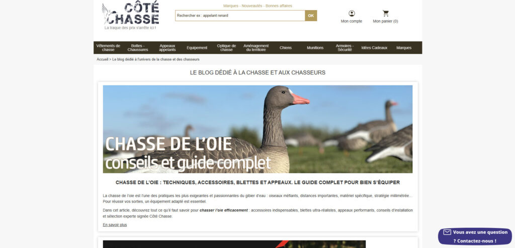 Capture du blog CĂŽtĂ© Chasse montrant un article sur la chasse de lâoie avec conseils, accessoires et guide complet.