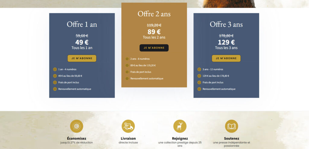 Image prĂ©sentant les offres dâabonnement de Jours de Chasse avec les tarifs pour 1, 2 et 3 ans, incluant avantages et renouvellement automatique.