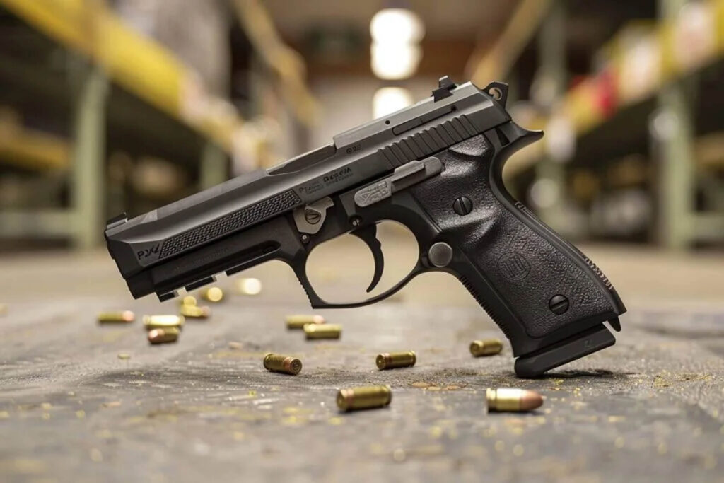 Pistolet Beretta Px4 Storm posé sur une surface avec des douilles de munitions