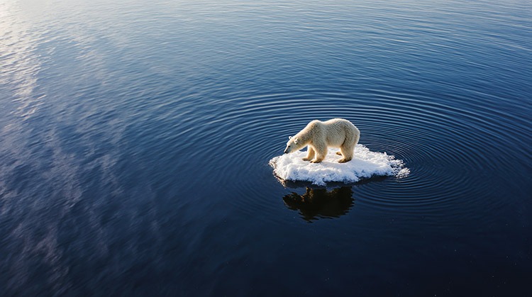Ours polaire isolé sur un fragment de banquise en train de fondre, illustration des effets du réchauffement climatique sur les habitats naturels.