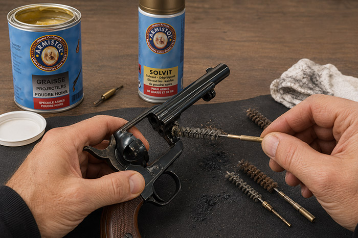 Nettoyage d'un revolver à poudre noire avec brosse de canon, graisse et produits d'entretien spécialisés.