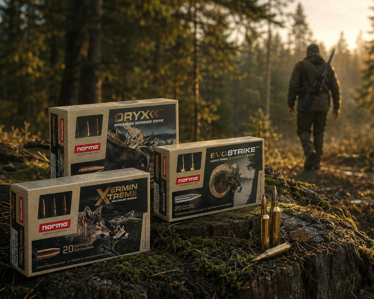 Munitions Norma Oryx, Evostrike et Varmint Xtreme présentées en forêt avec un chasseur en arrière-plan