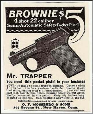 Publicité ancienne pour le pistolet de poche Mossberg Brownie en calibre .22