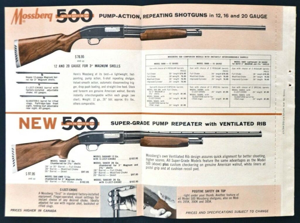 Publicité d’époque pour le fusil à pompe Mossberg Model 500