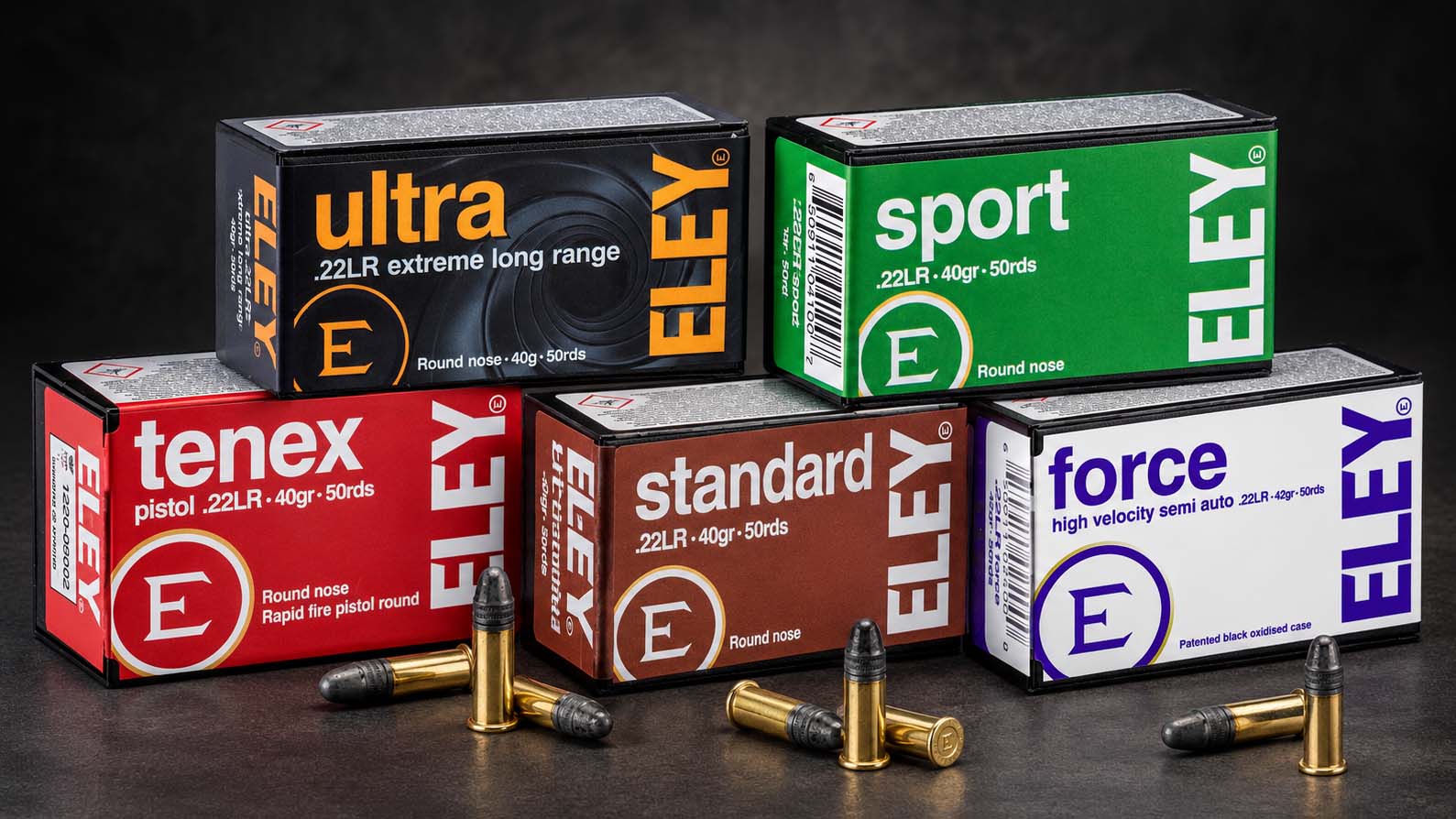 Boîtes de cartouches .22 LR ELEY Ultra, Sport, Tenex Pistol, Standard et Force avec plusieurs cartouches au premier plan.