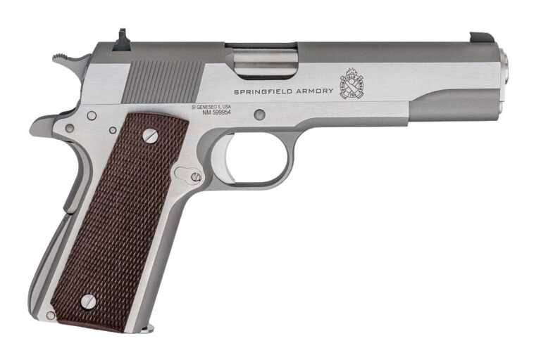 Pistolet Springfield Armory 1911 Mil-Spec en acier inoxydable vu de profil